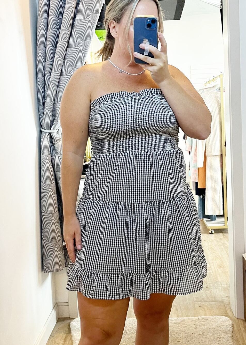 Goodnight Macaroon Strapless Smocked Bodice Tiered Gingham Mini Dress Black S